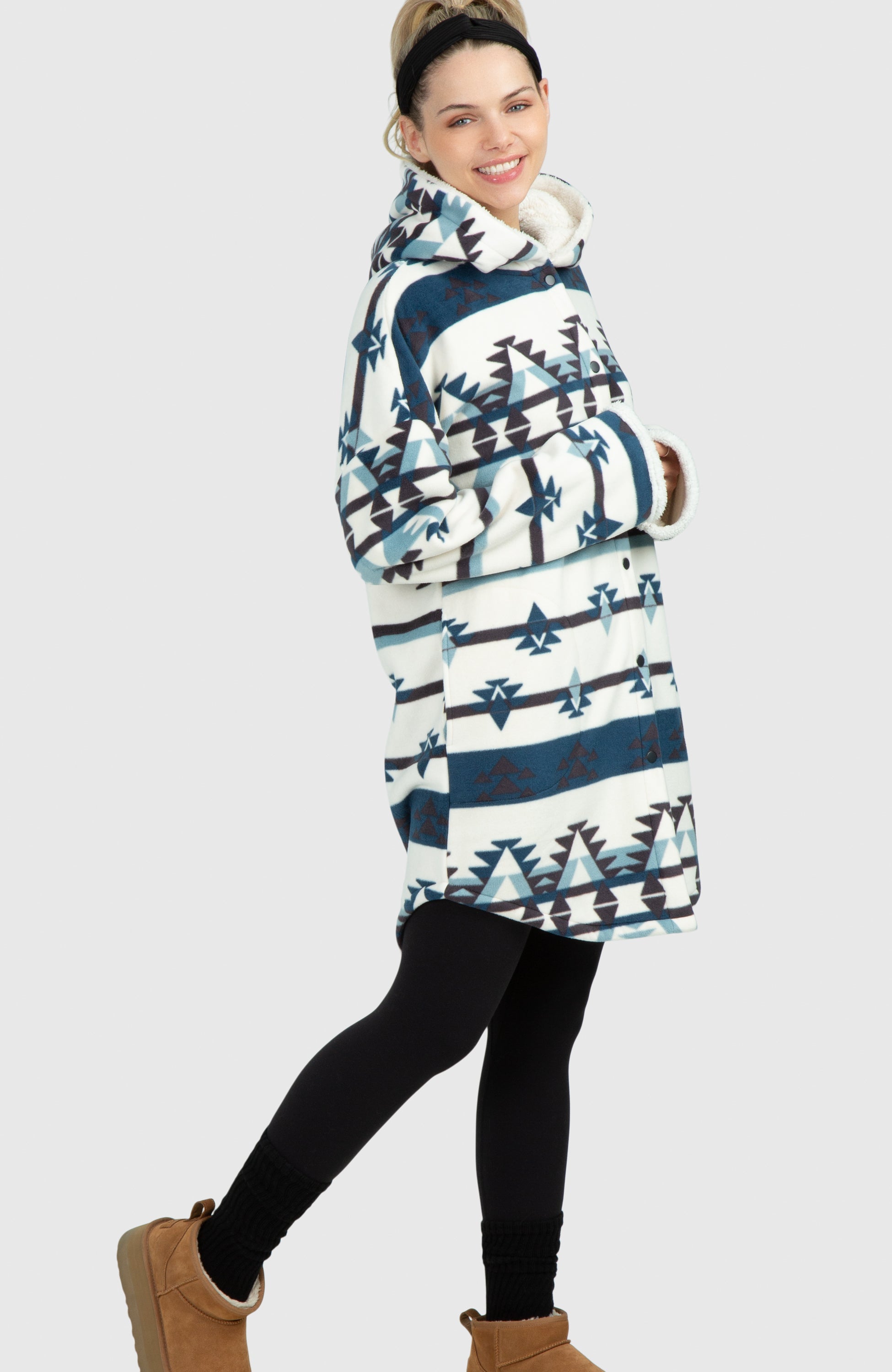 Glacial Blue Aztec Oversized Hooded Jacket