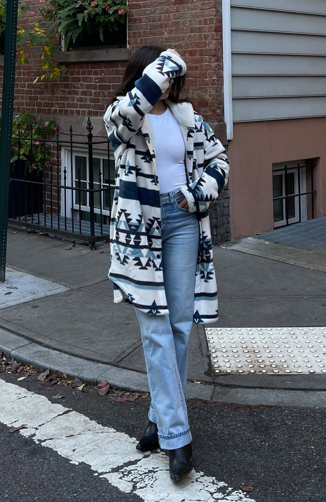 Glacial Blue Aztec Oversized Hooded Jacket