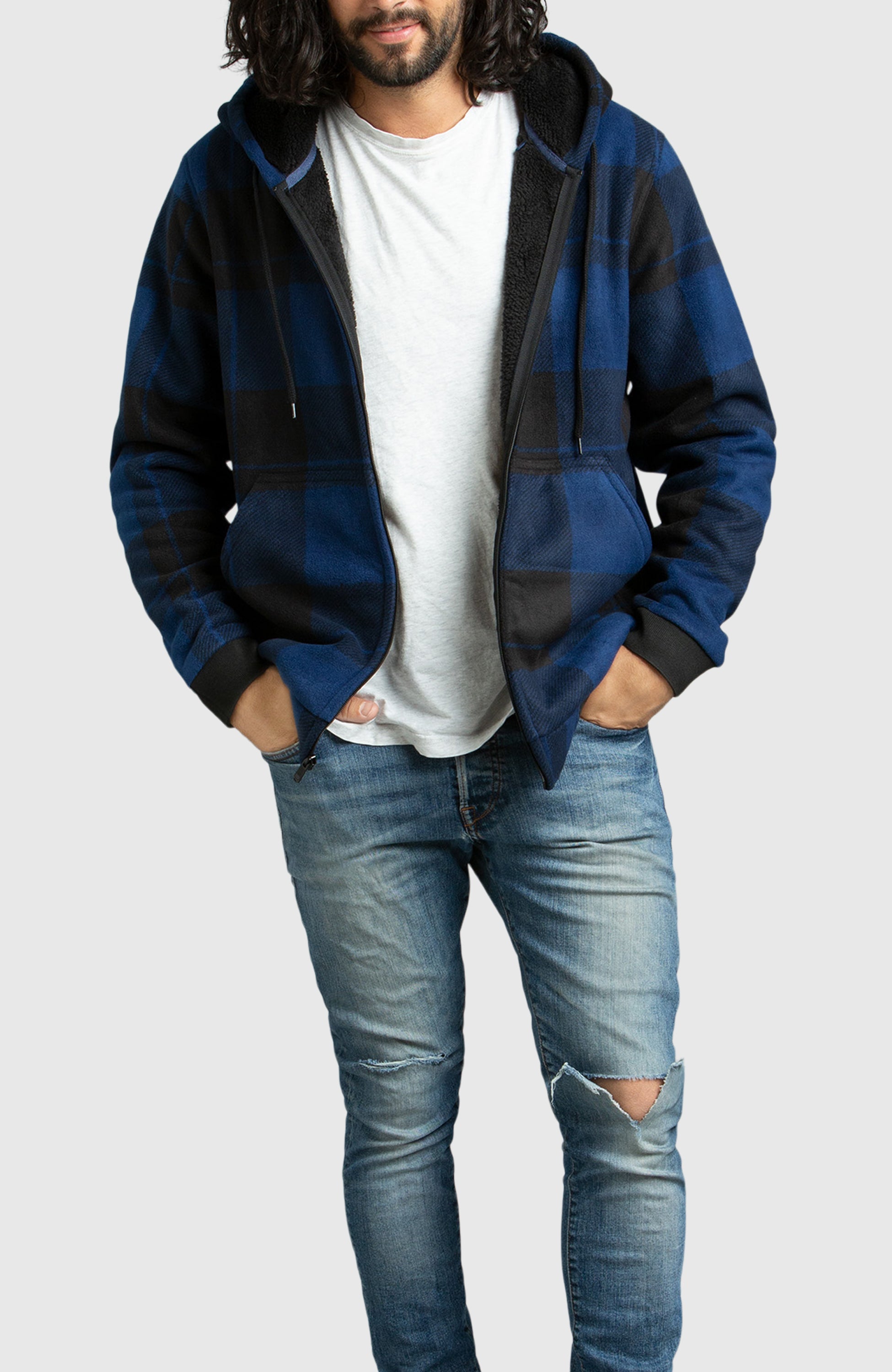 Blue Polar Fleece Hooded Bomber Jacket