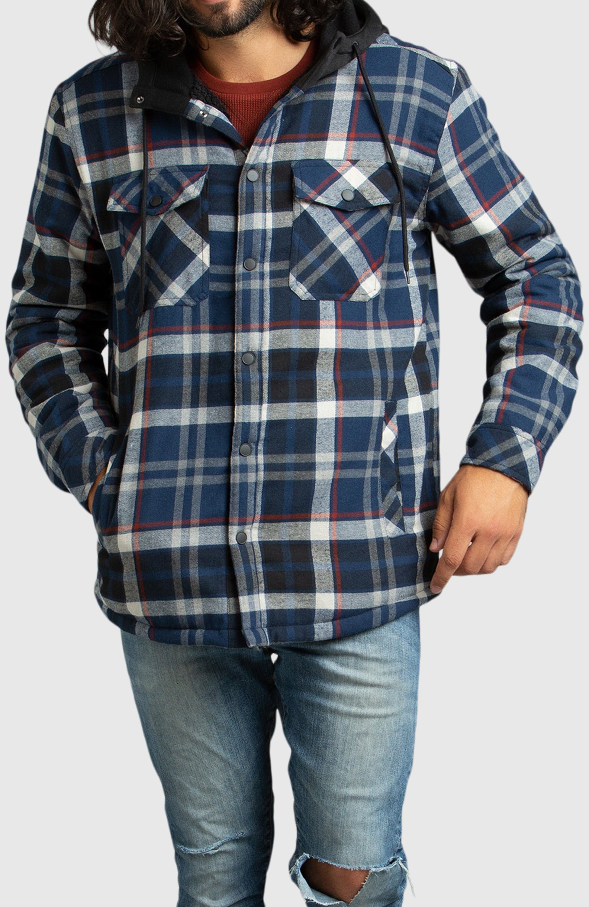 Blue Hooded Flannel Shirt Jacket