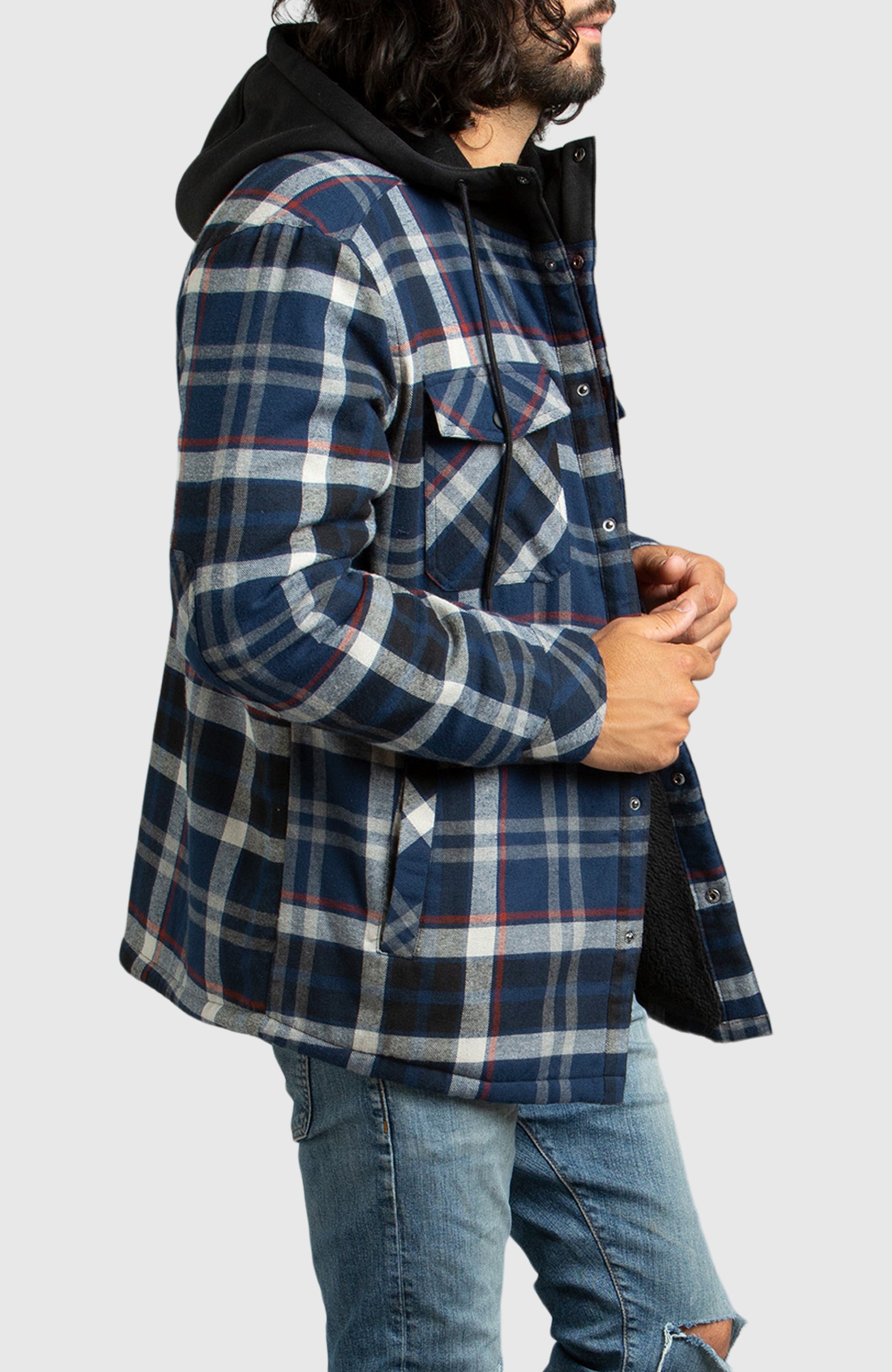 Blue Hooded Flannel Shirt Jacket