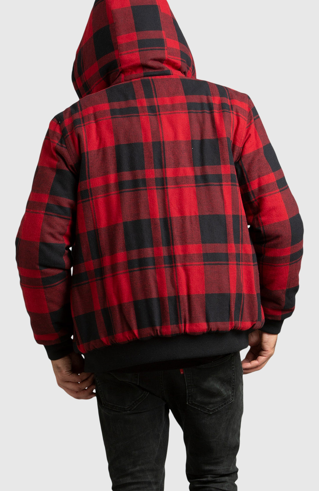 Red Hooded Flannel Bomber Jacket