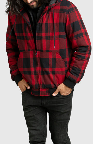 Red Hooded Flannel Bomber Jacket