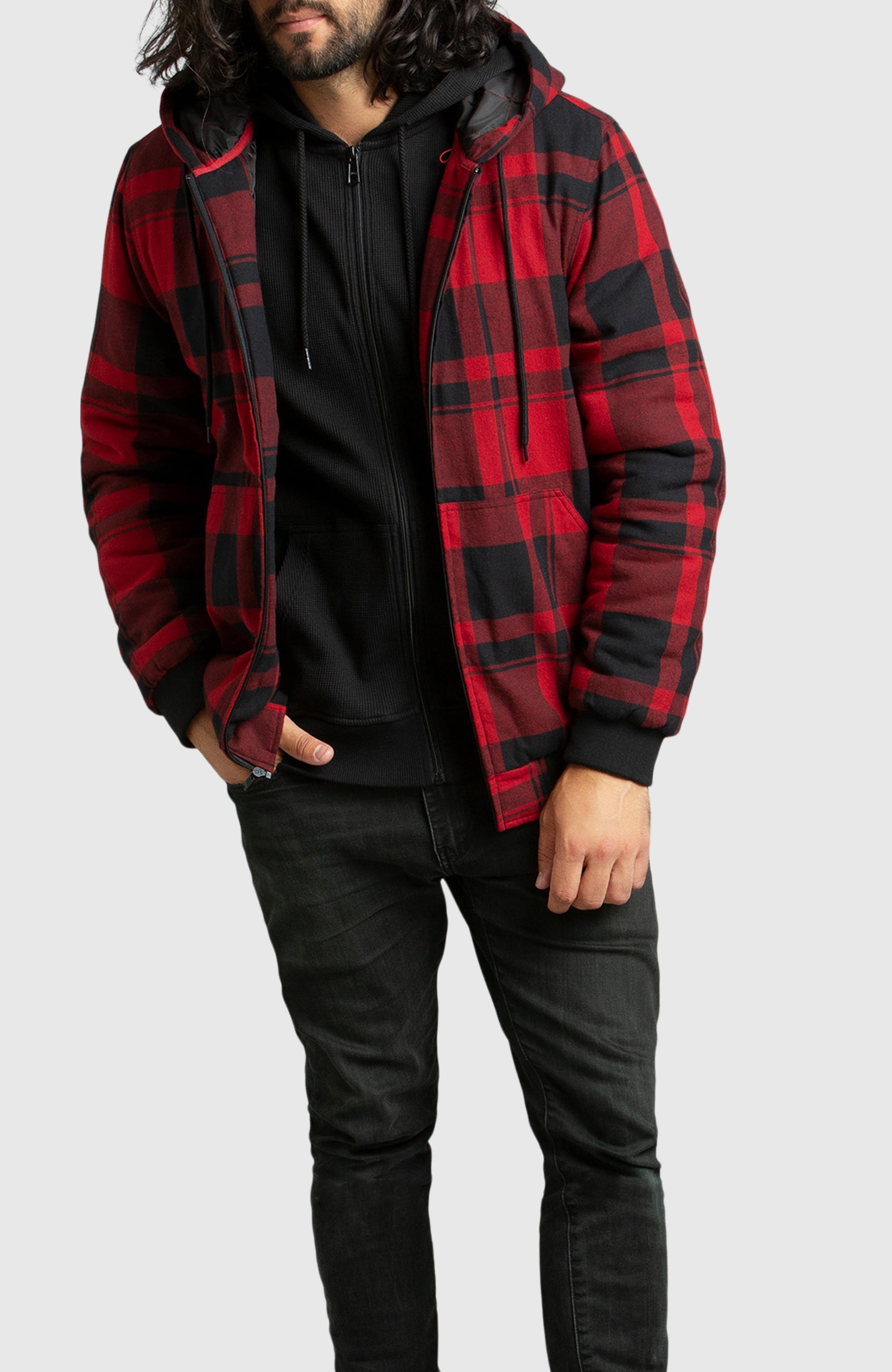 Red Hooded Flannel Bomber Jacket
