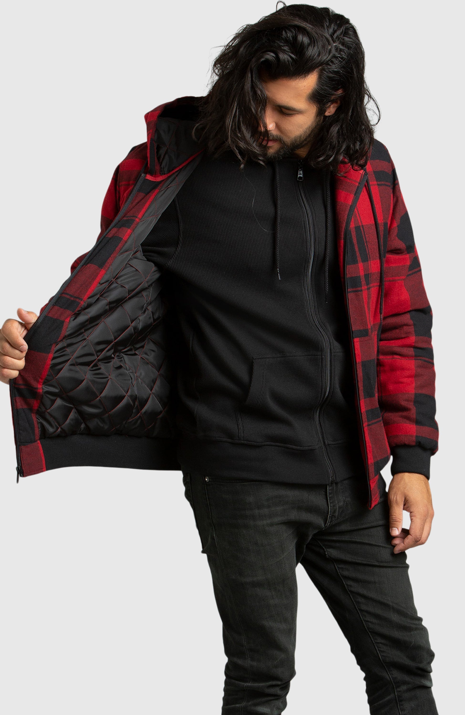 Red Hooded Flannel Bomber Jacket