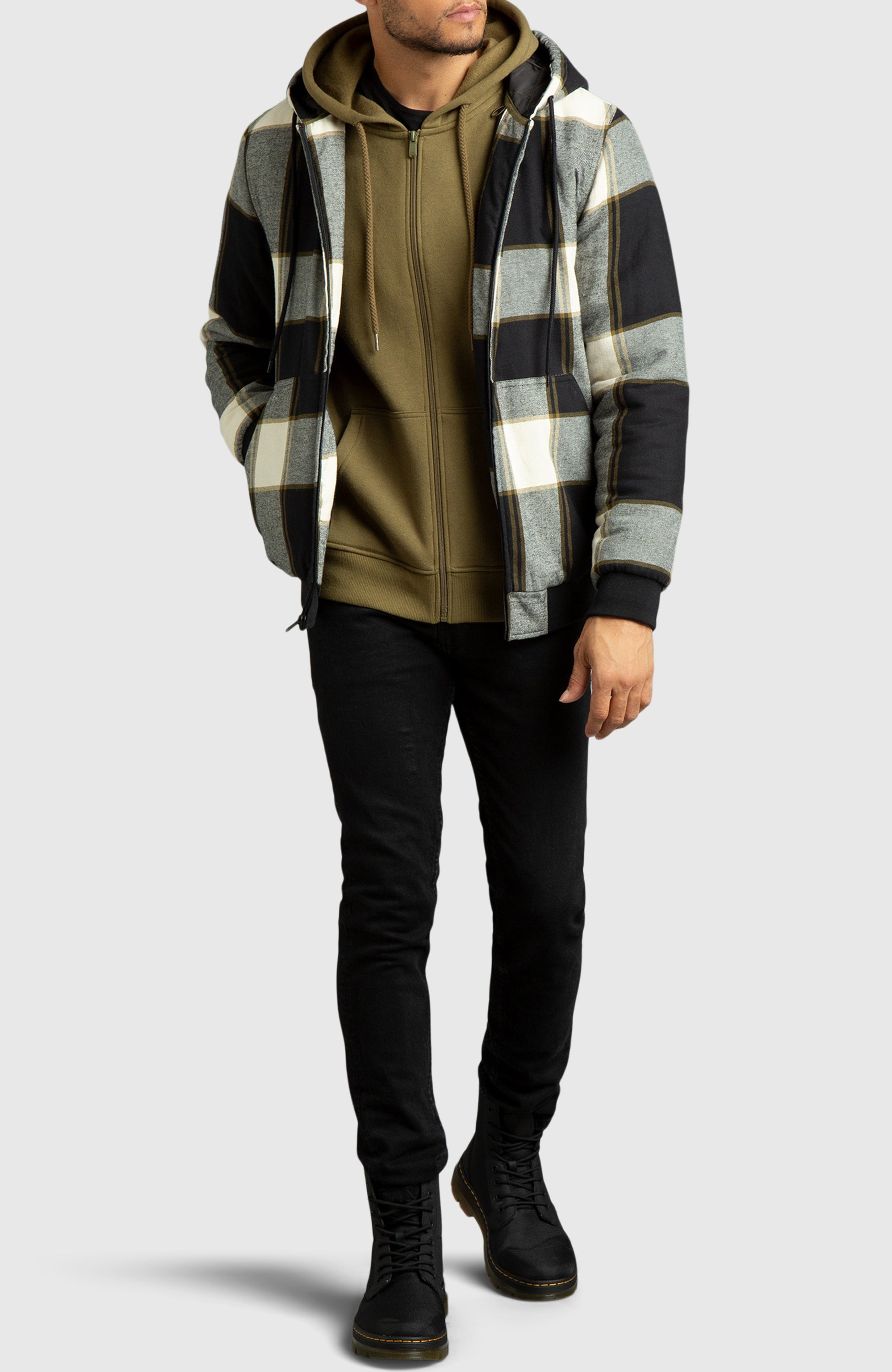 Oatmeal Hooded Flannel Bomber Jacket