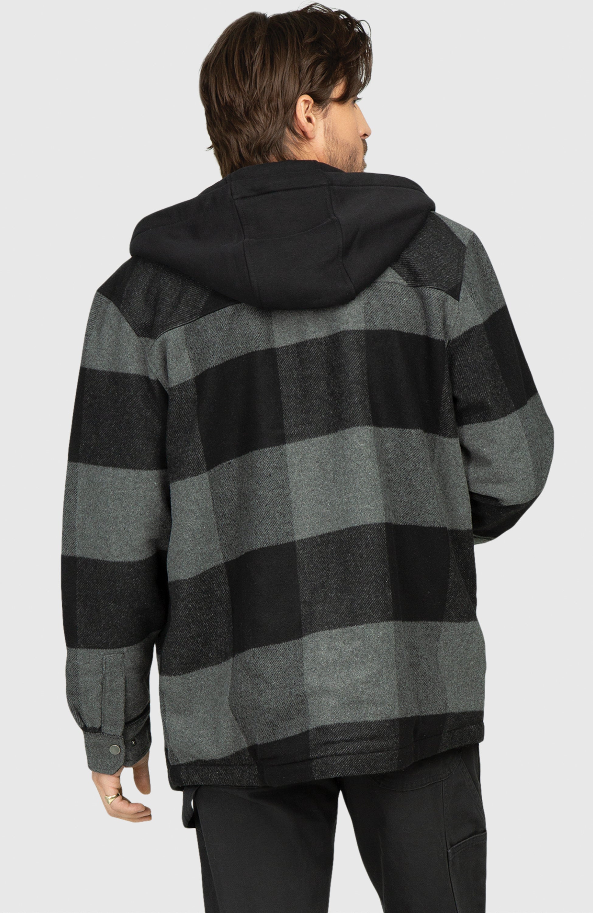 Black Steel Fleece Lined Hooded Plaid Shacket