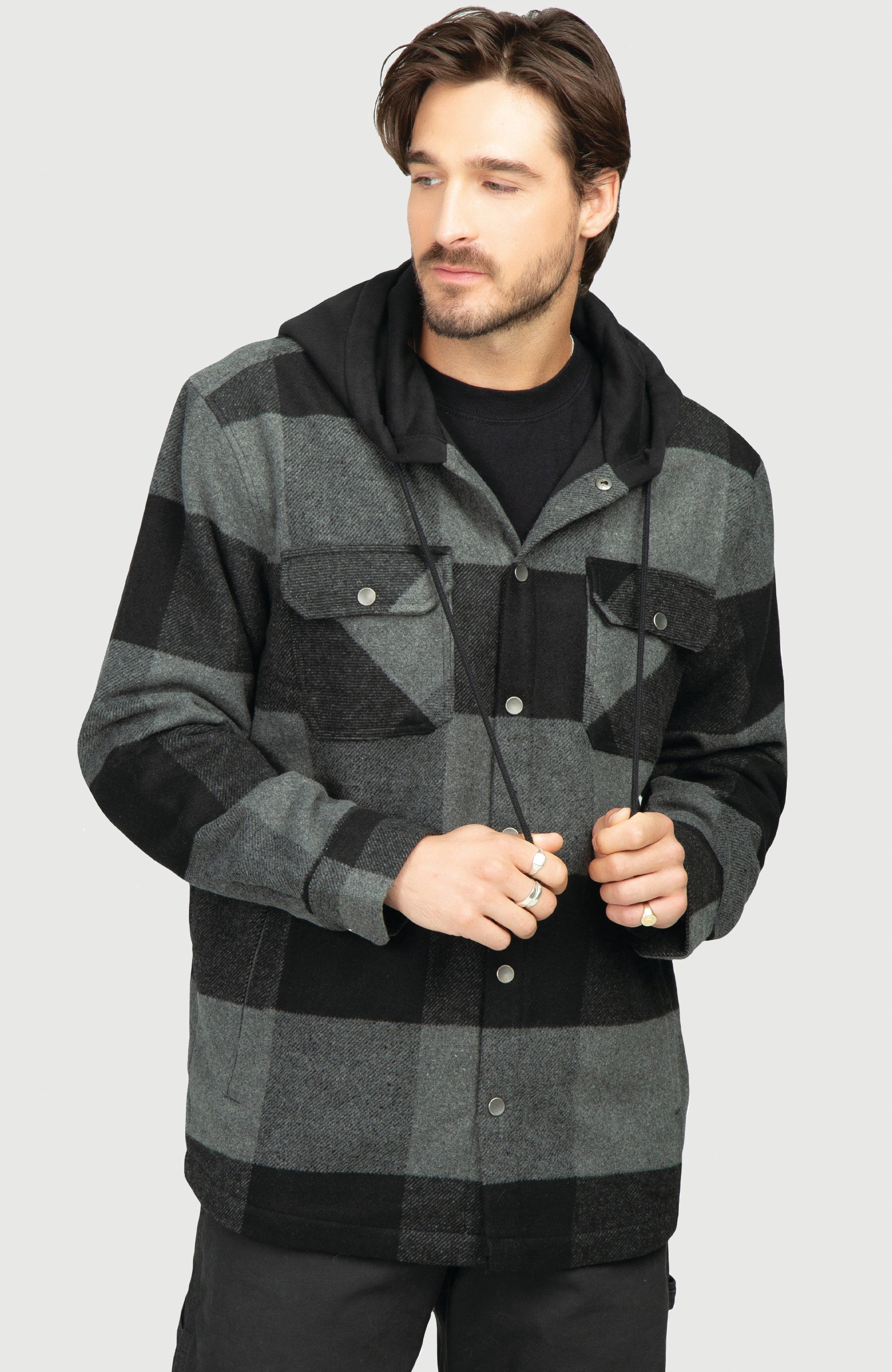 Black Steel Fleece Lined Hooded Plaid Shacket