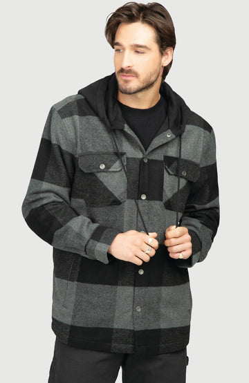 Black Steel Fleece Lined Hooded Plaid Shacket