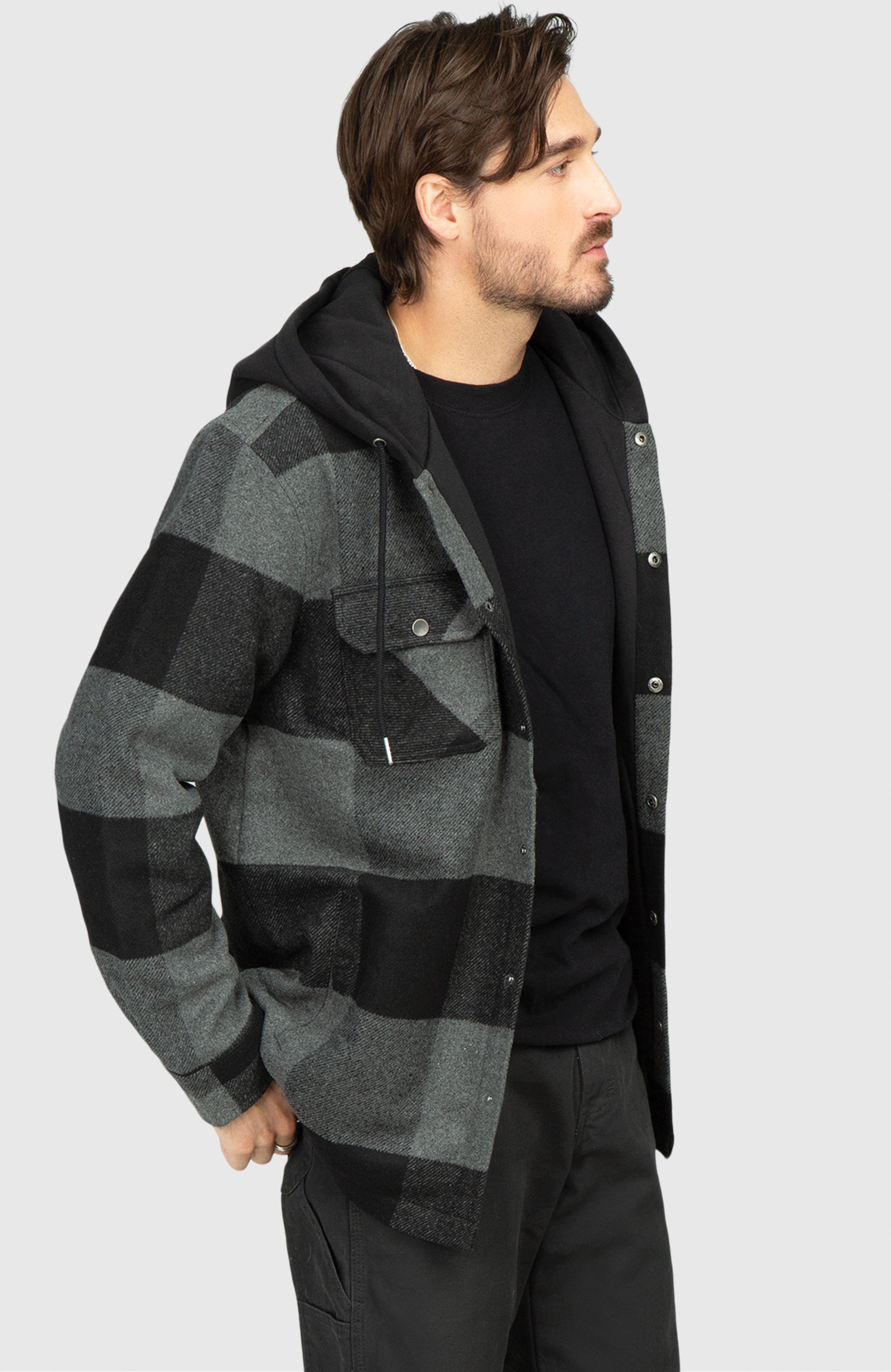 Black Steel Fleece Lined Hooded Plaid Shacket