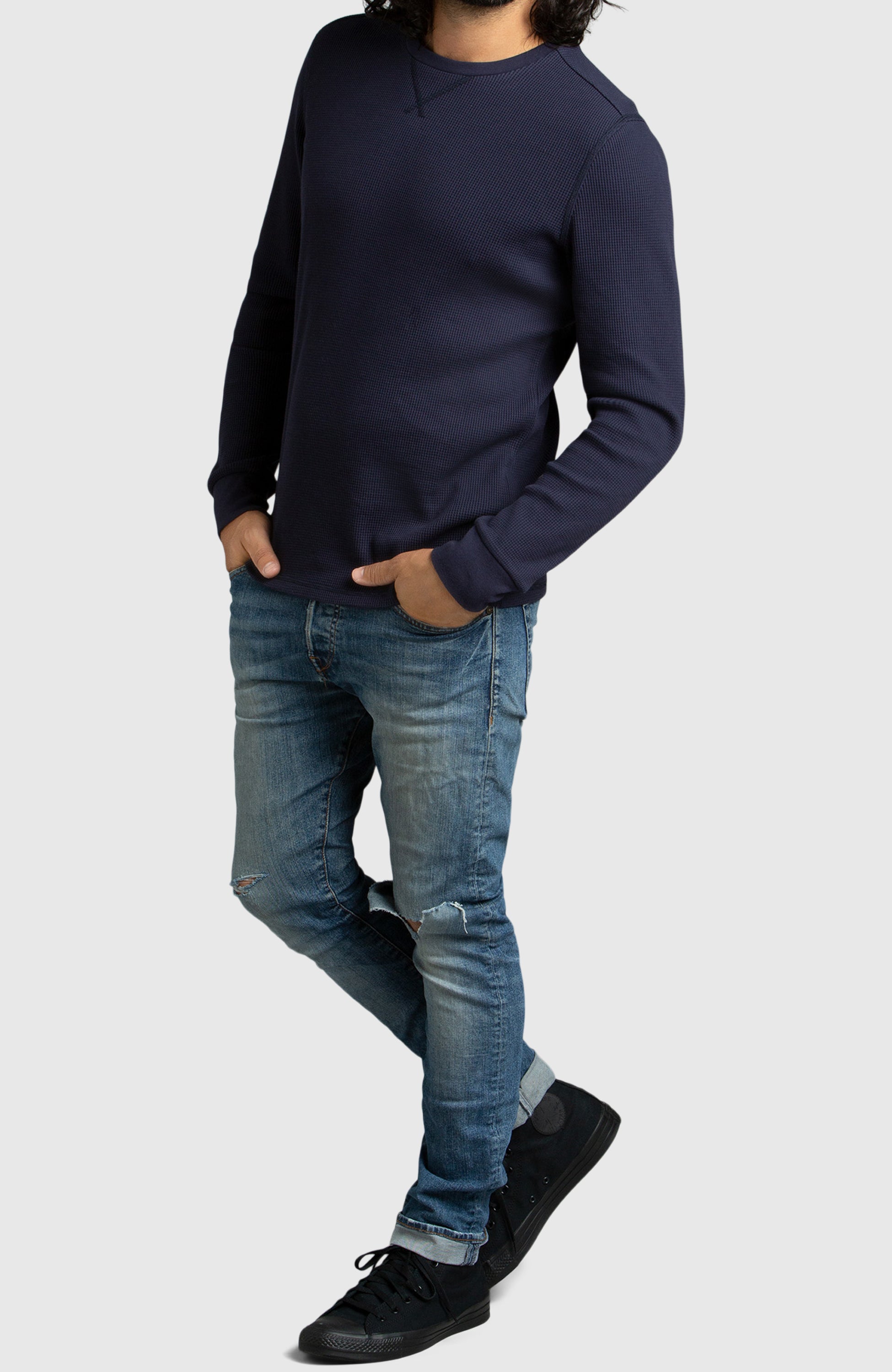 Navy Waffle Crewneck Sweater