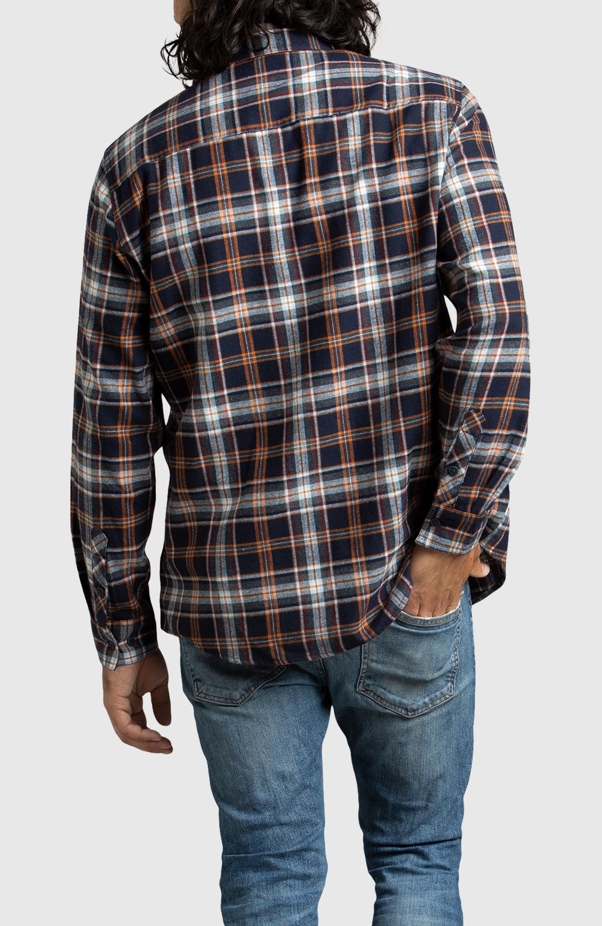 Orange and Navy Plaid Flannel Shirt