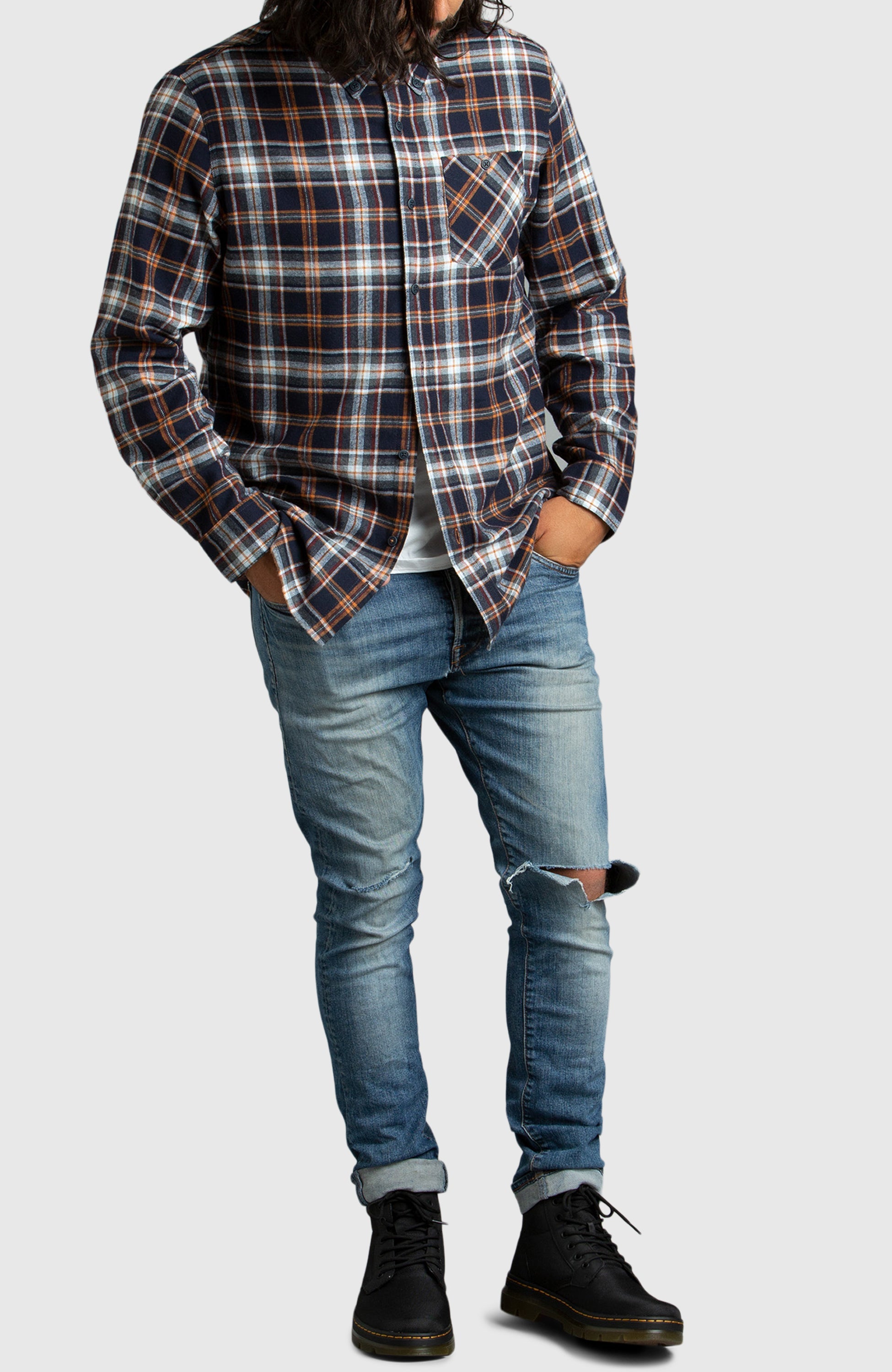 Orange and Navy Plaid Flannel Shirt