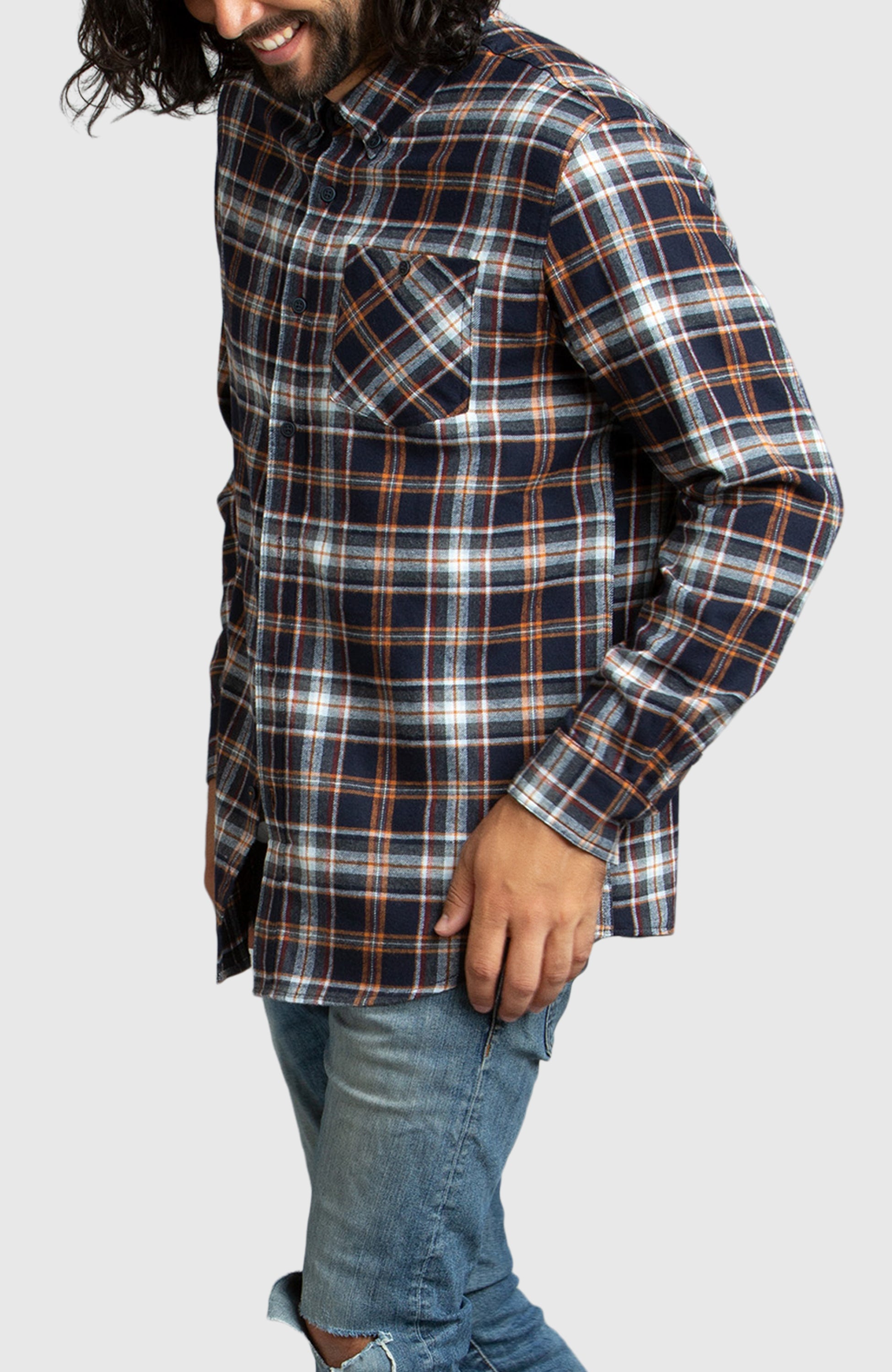 Orange and Navy Plaid Flannel Shirt