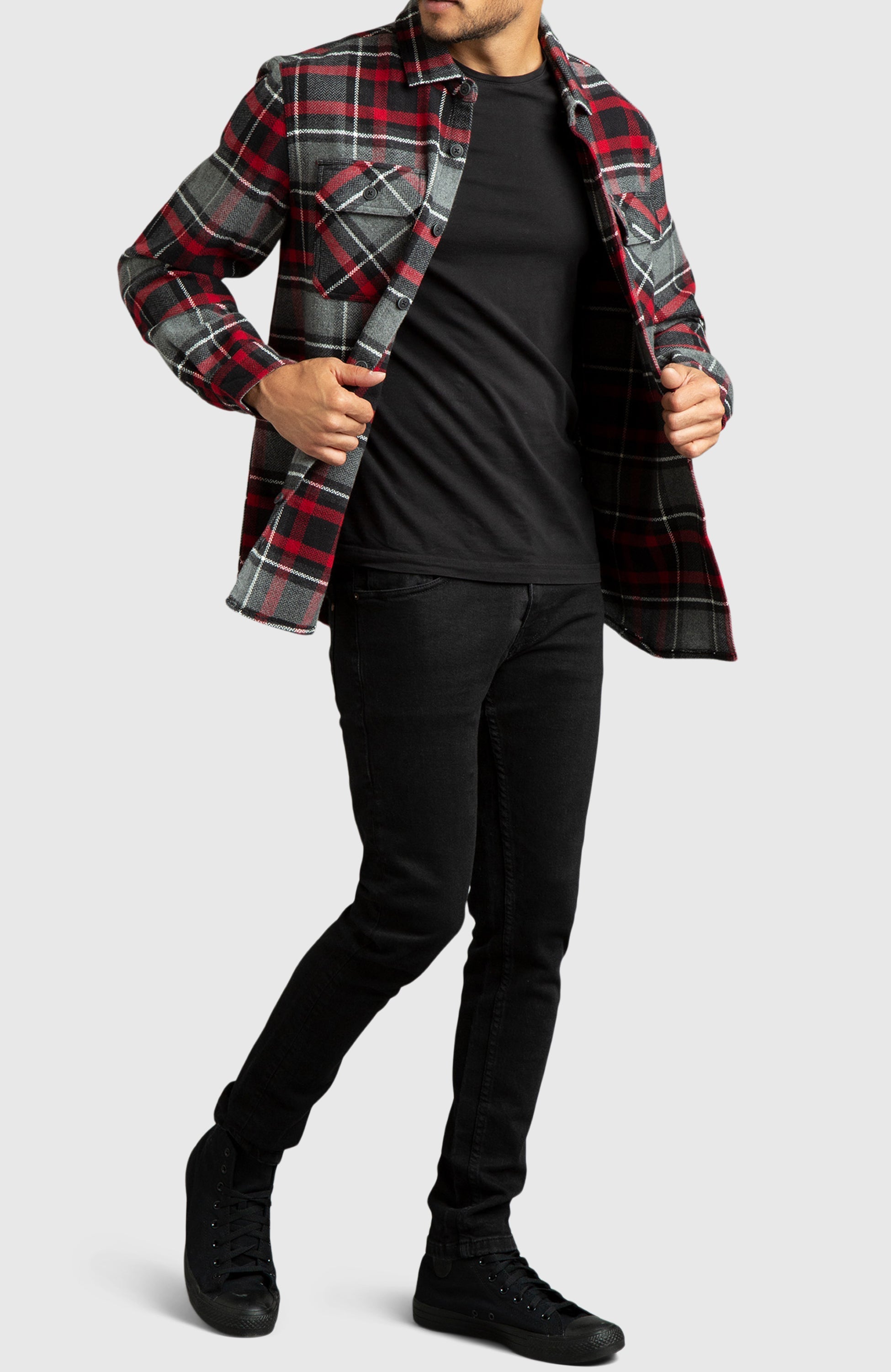 Red Herringbone Plaid Overshirt