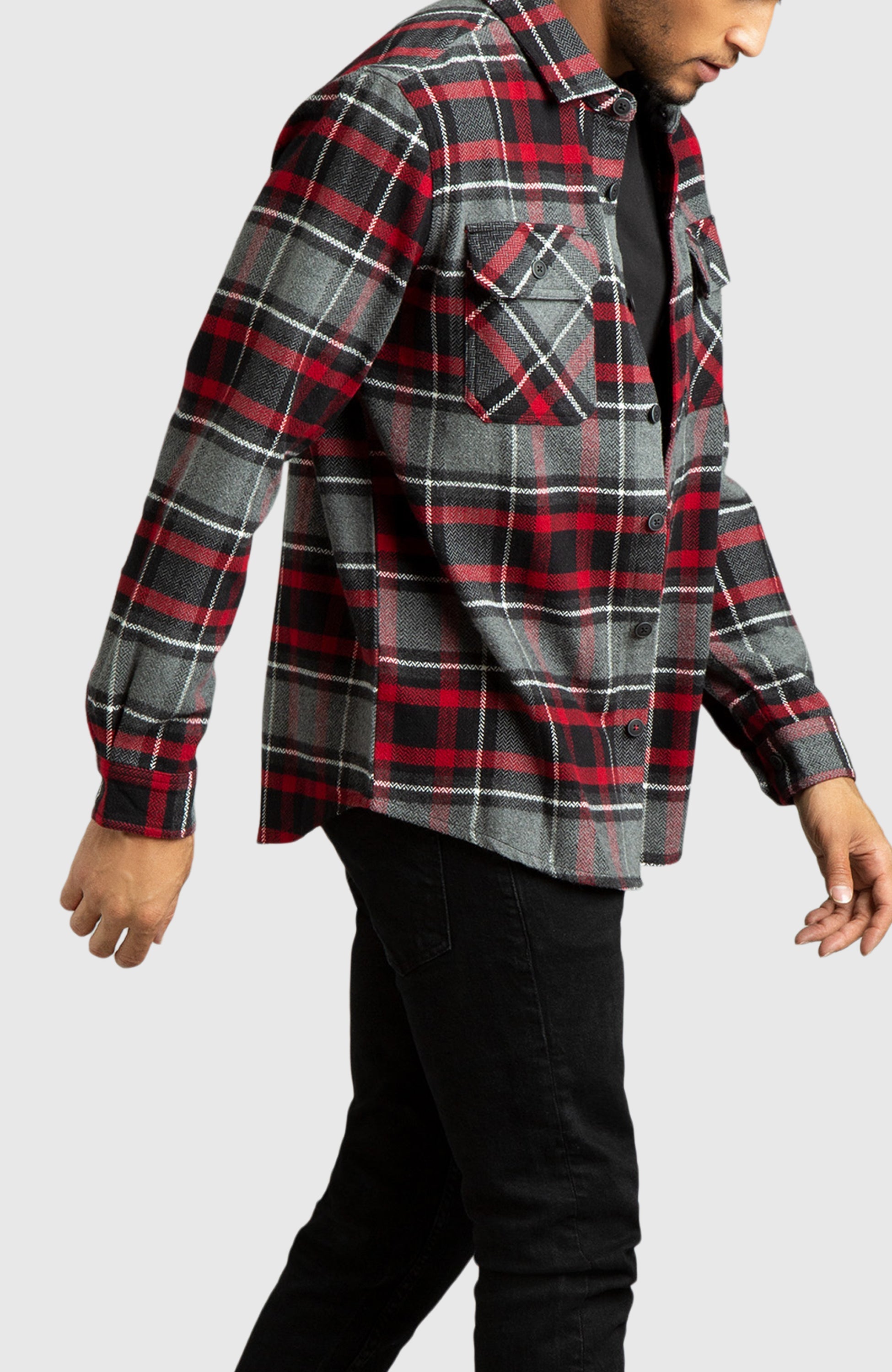 Red Herringbone Plaid Overshirt
