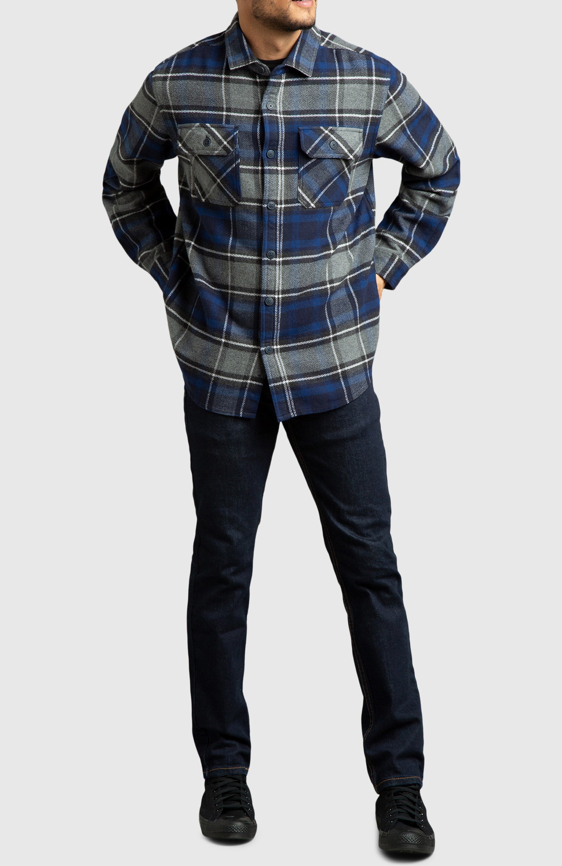Blue Herringbone Plaid Overshirt
