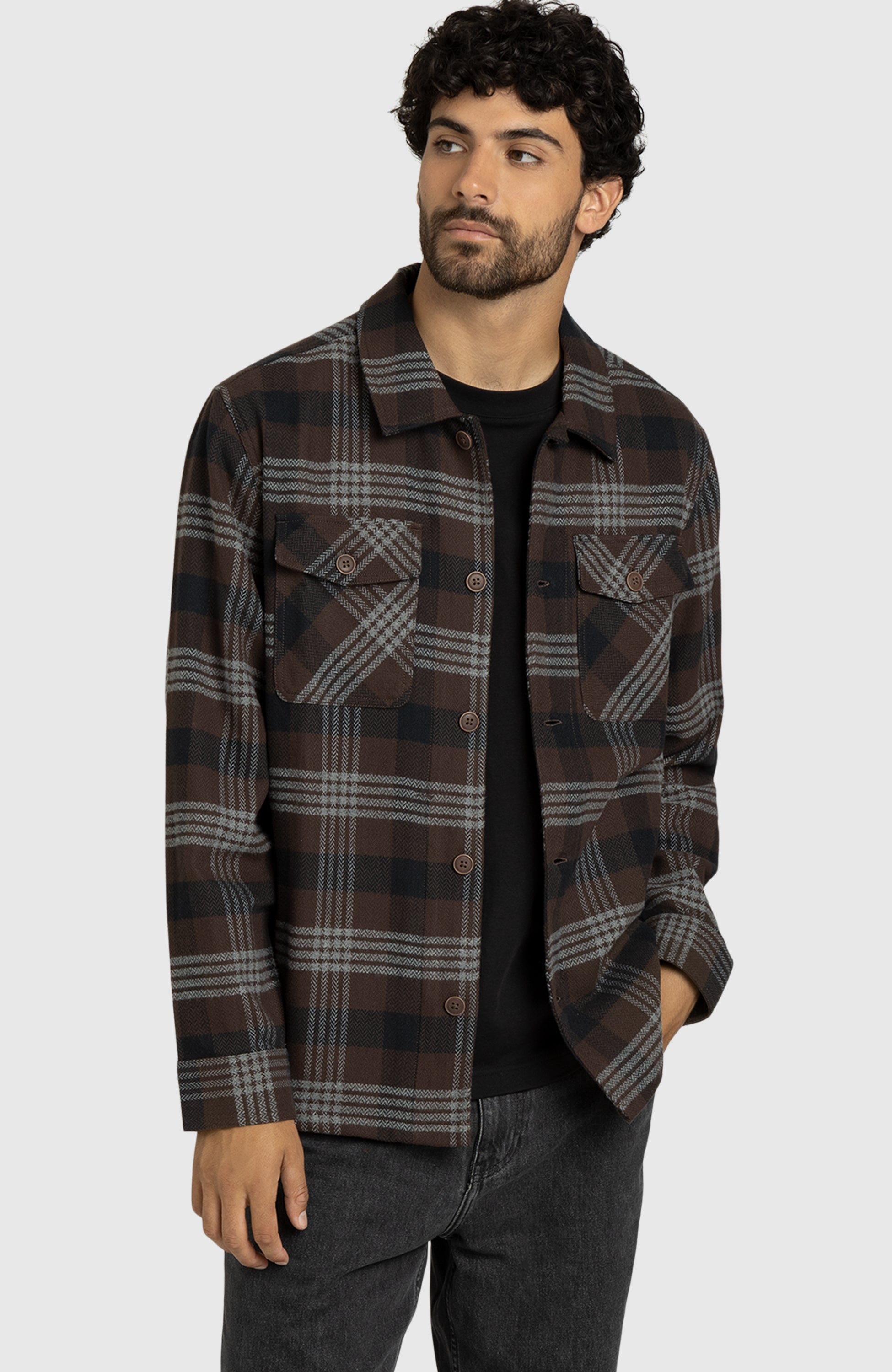 Chocolate Brown Herringbone Plaid Overshirt
