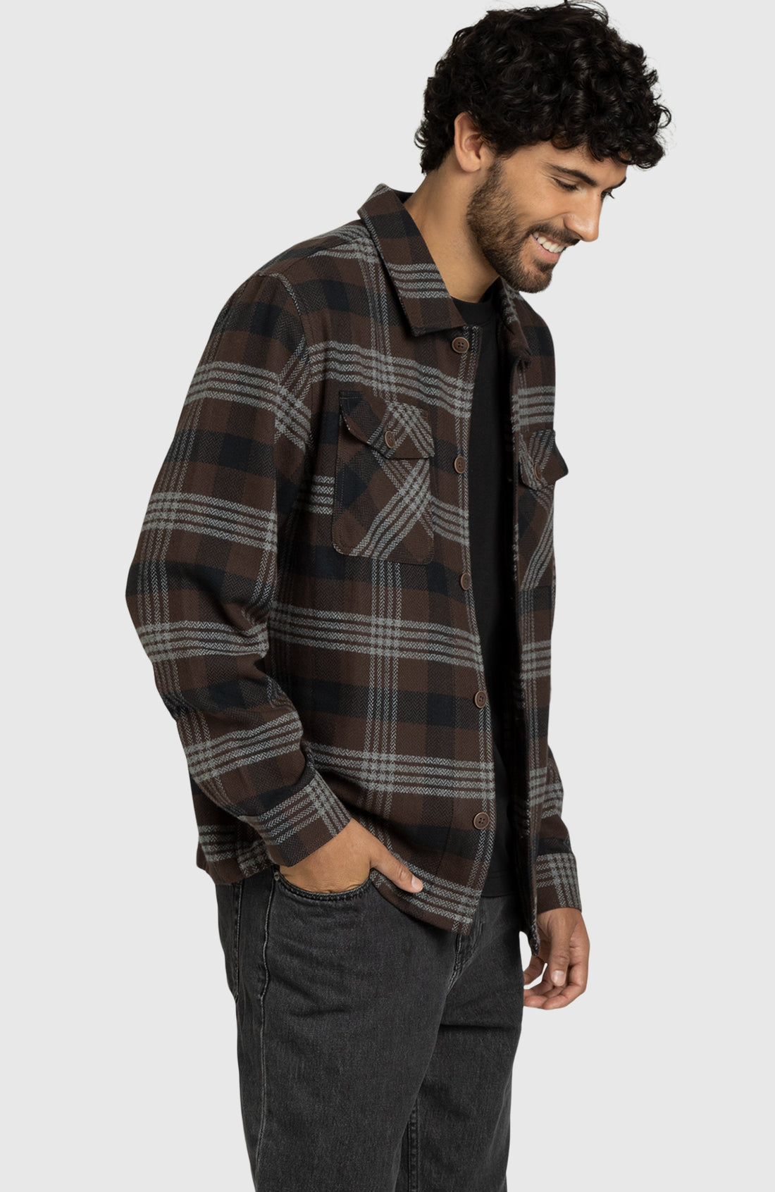 Chocolate Brown Herringbone Plaid Overshirt