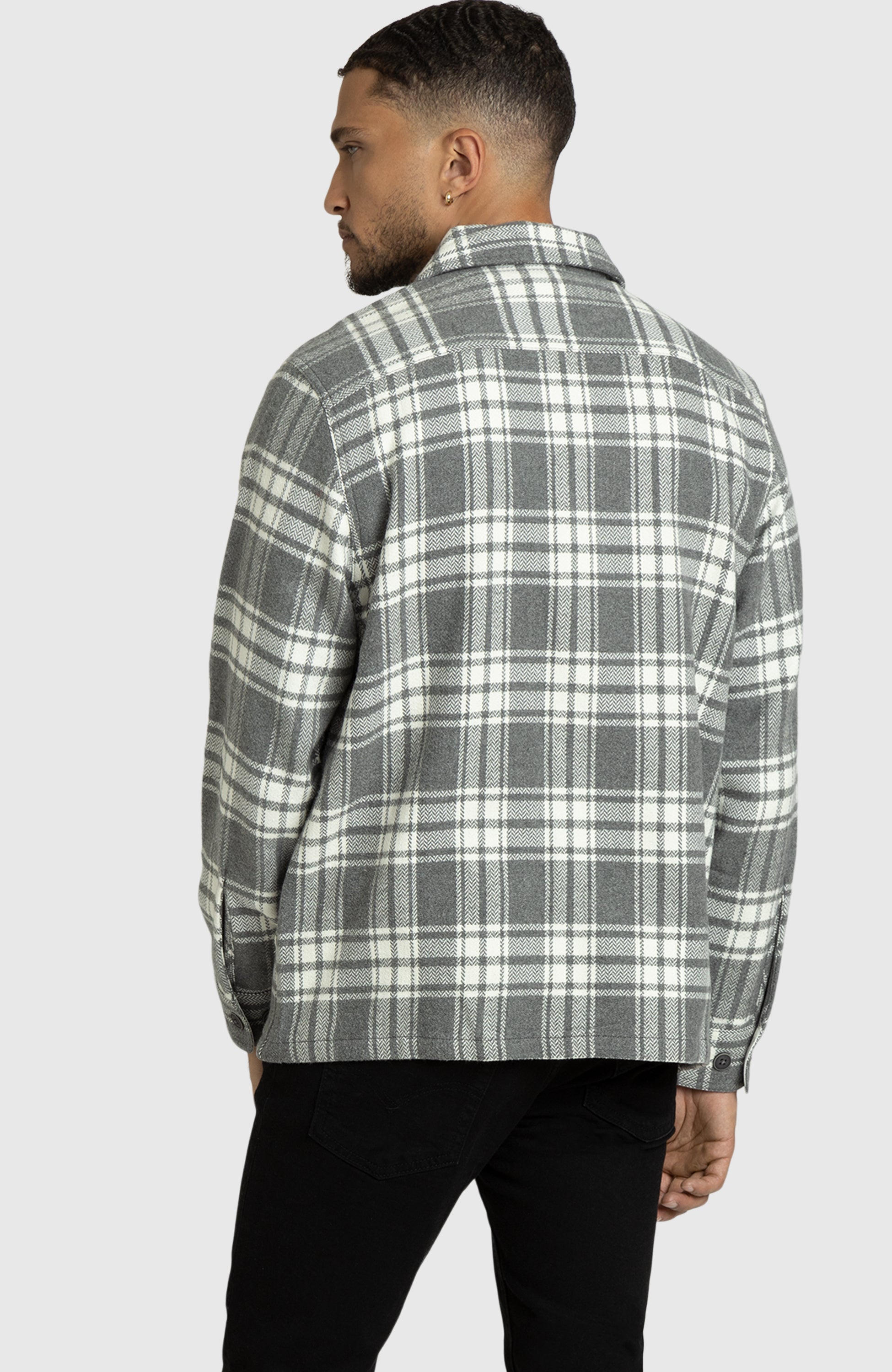 Grey and Ivory Herringbone Plaid Overshirt