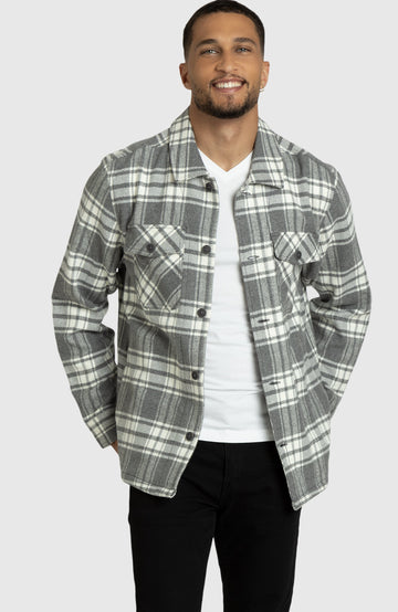 Grey and Ivory Herringbone Plaid Overshirt