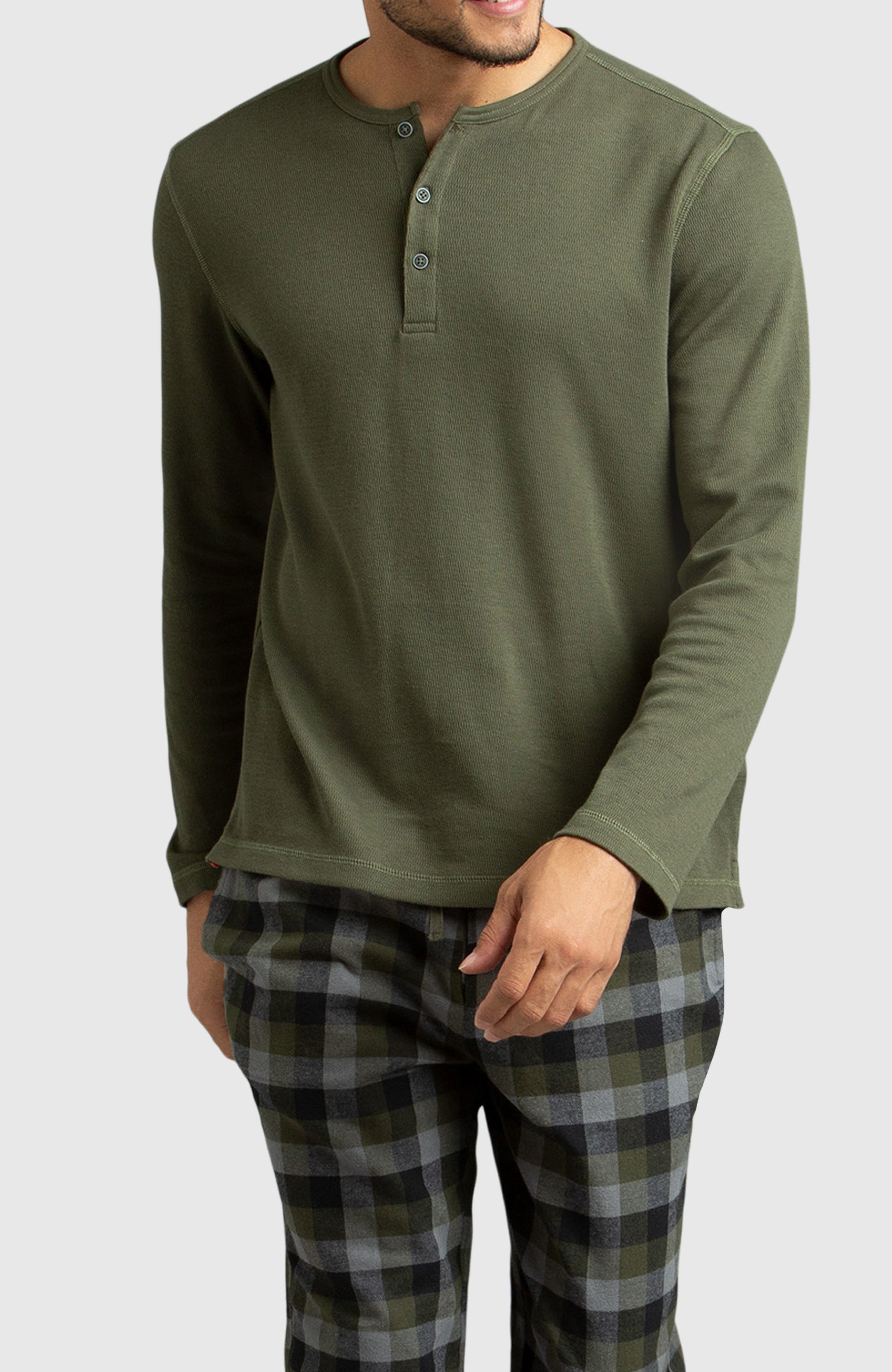Army Green Waffle Henley Shirt