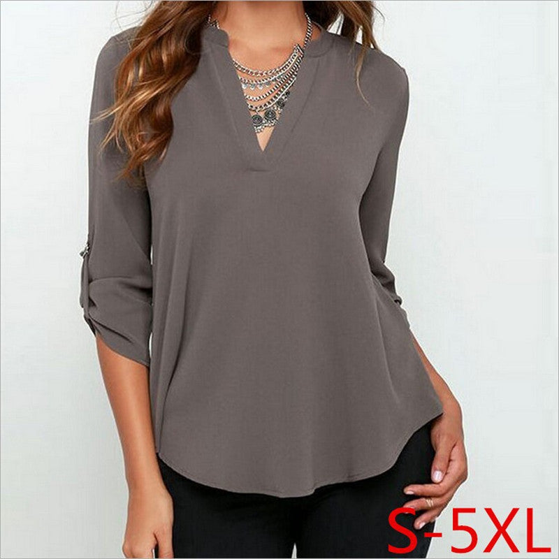 Plus Size S-5XL Summer Women OL V Neck Folds Long Sleeve Casual Chiffon Blouse regata feminina camisetas Tops New 7 colors